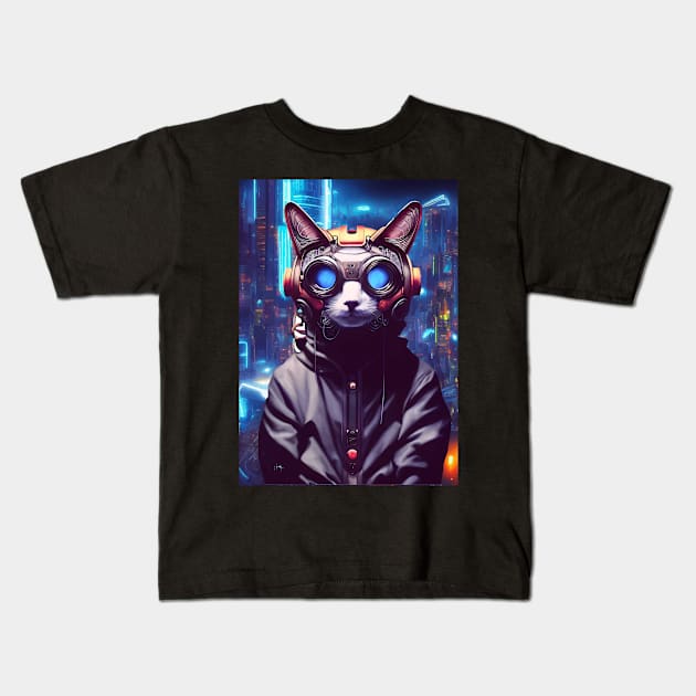 Cool Japanese Techno Cat In Japan Neon City Kids T-Shirt by star trek fanart and more